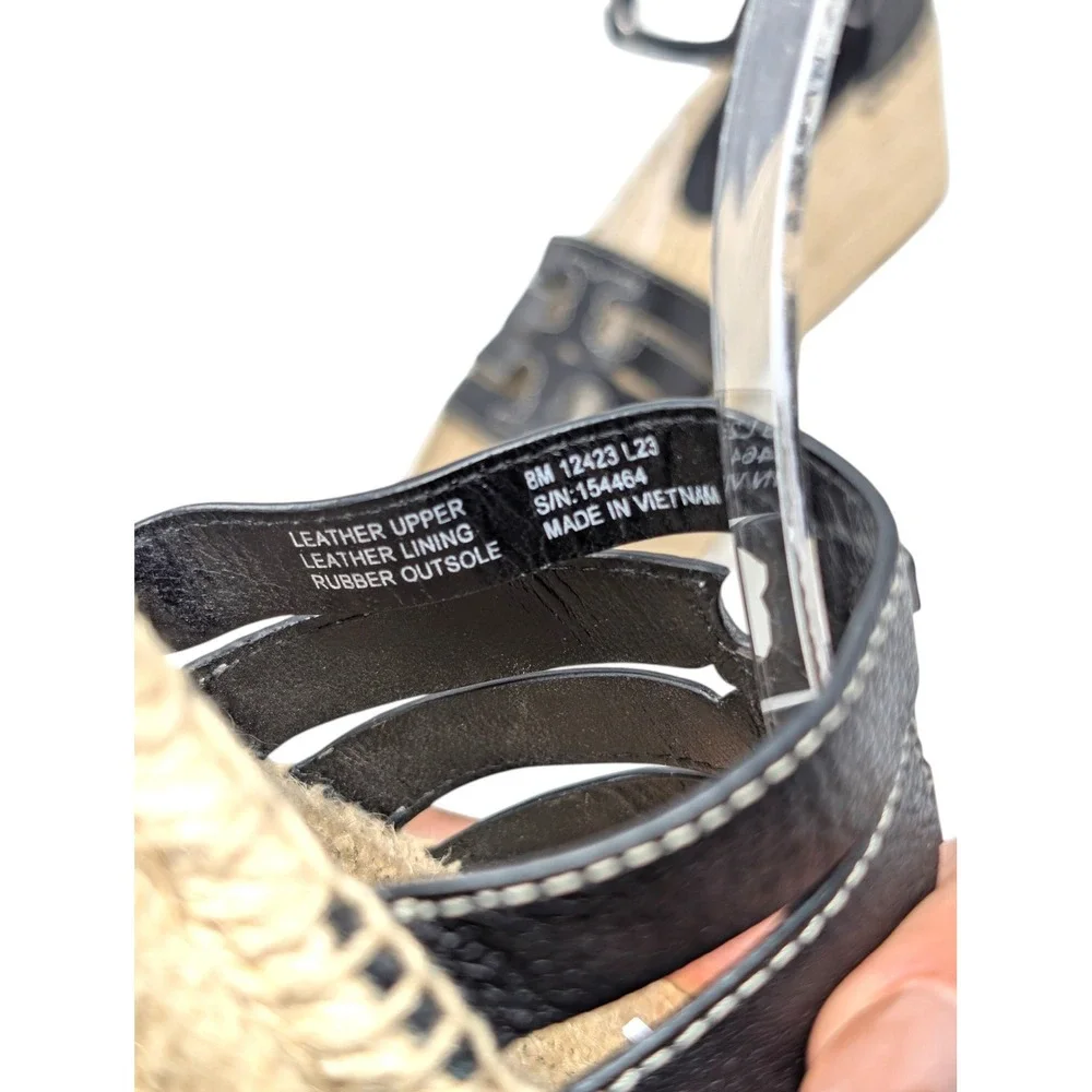 Tory Burch Ines Espadrille Wedge Sandals Black Leather Logo Size 8